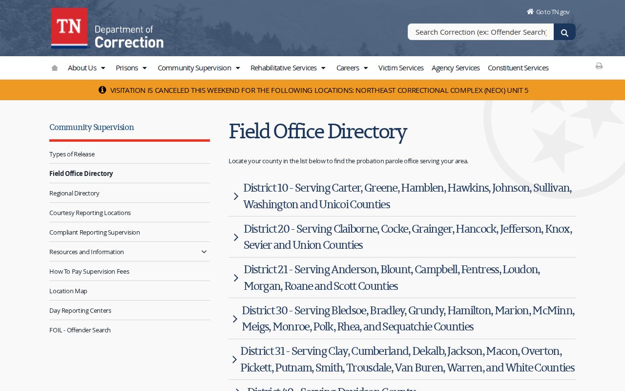 Enville criminal records source showing the TDOC field office directory