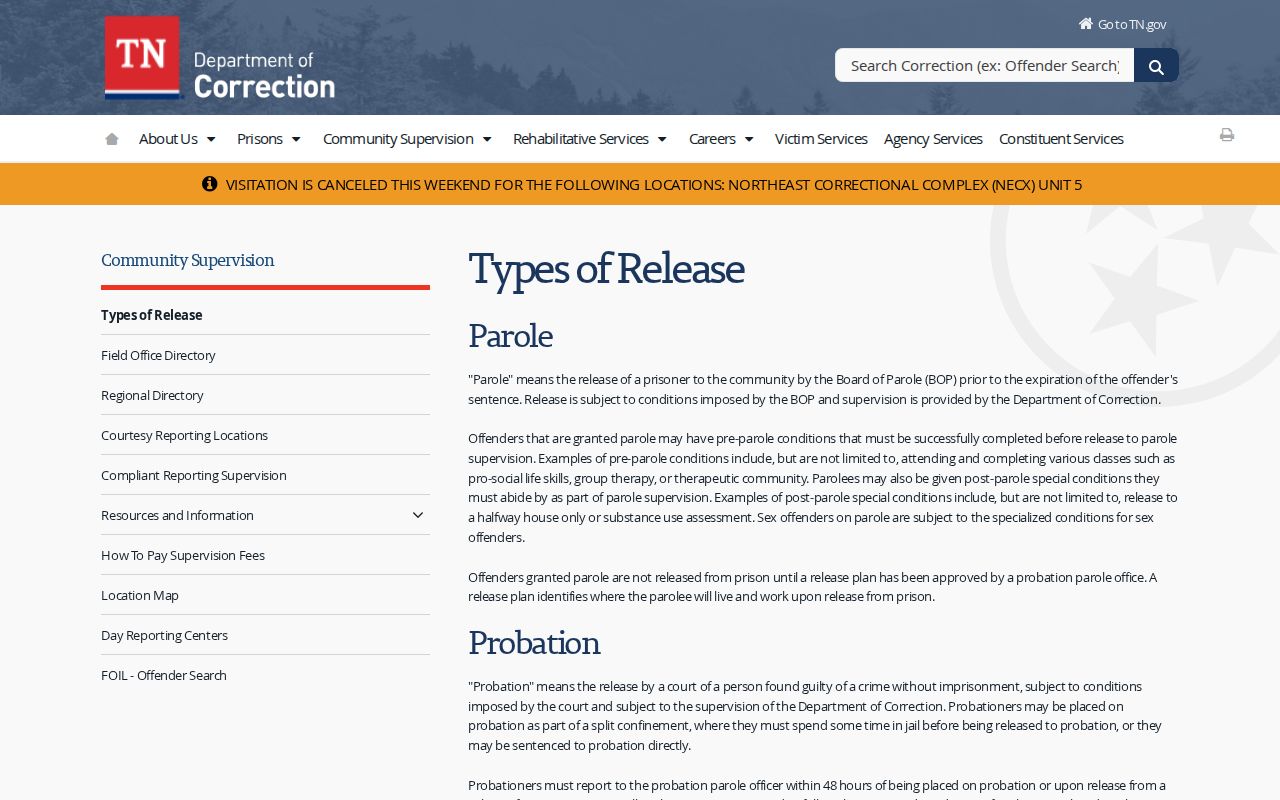 Enville criminal records source explaining Tennessee supervision and release types