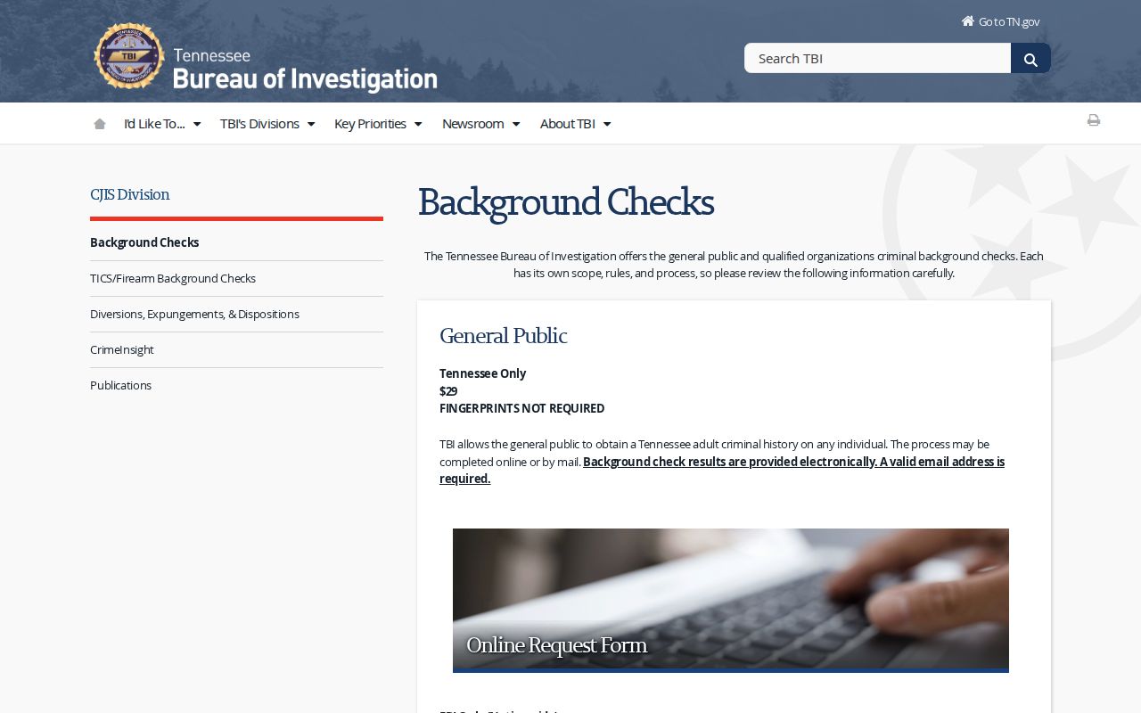Chester County criminal history TBI background check guidance