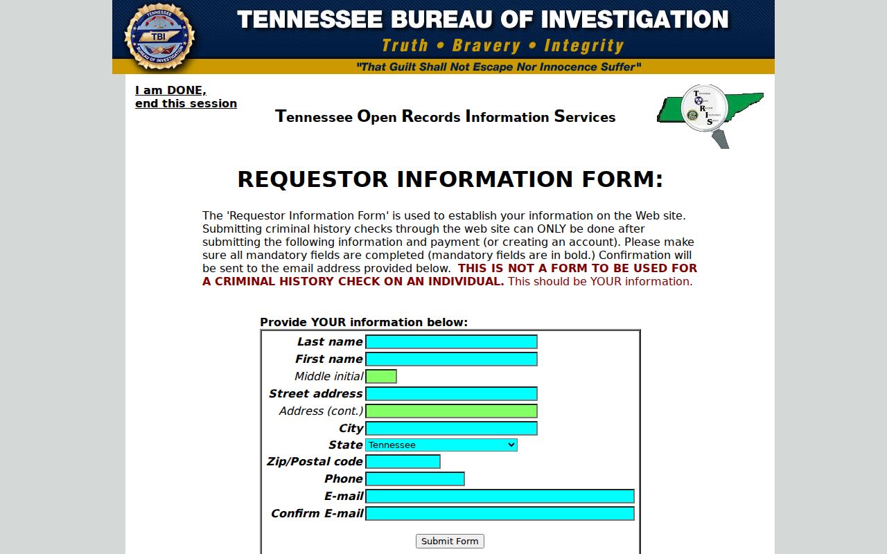 Chester County criminal history TORIS requester registration